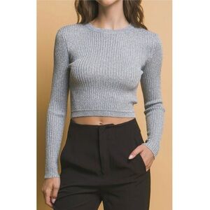 Cool Silver Metallic Stretchy Crew Neck Rib Knit Sparkle Top